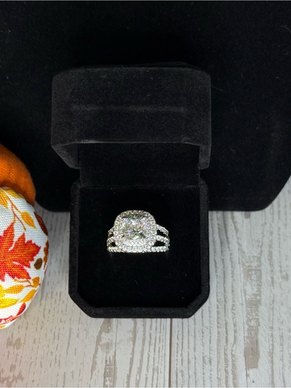 Silver-Tone White CZ Halo Engagement Ring Set